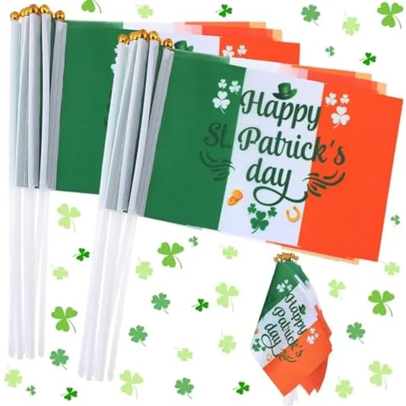 Outus 30 Pcs St Patricks Day Stick Flags Decorations Small Mini Handheld Shamrocks Flags for Ireland Irish Happy St Patricks Day Festival Parades Celebration Party Favors Supplies Indoor Outdoor