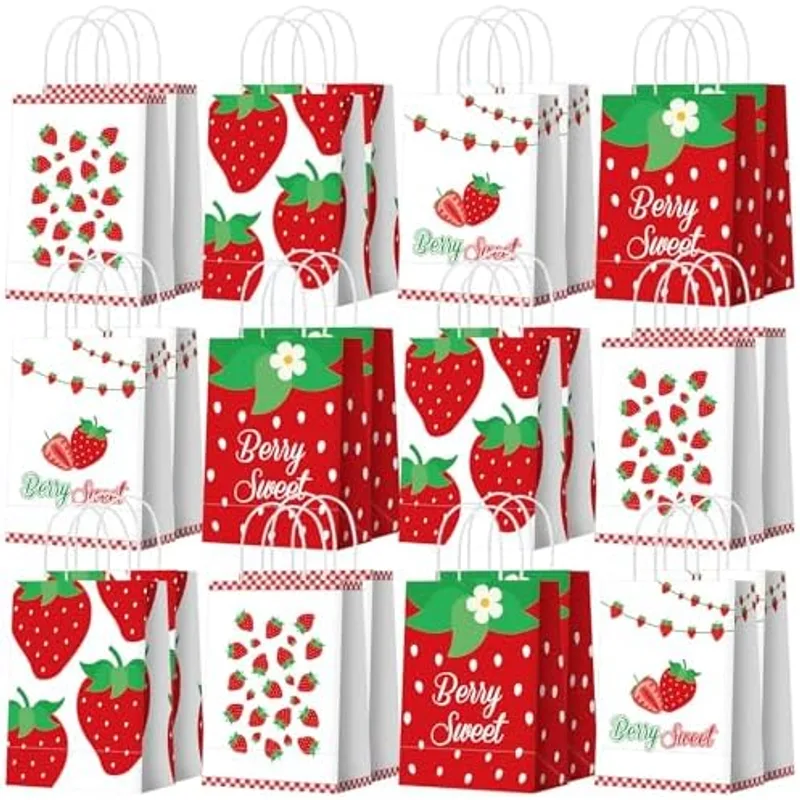 Outus 24 Pcs Strawberry Party Favor Bags Summer Strawberry Gift Goodie Paper Bags with Handles Red Berry Sweet Candy Treat Pouch for Berry First Birthday Party Decorations Supplies, Lovely Strawberry