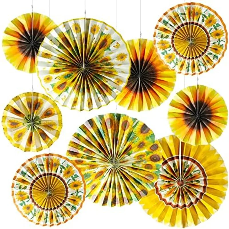 9 Pcs Sunflower Hanging Paper Fans Decorations Bee Classroom Decoration Summer Bulletin Boards Flower Ceiling Wall Garland for Spring Sunflower Party Supplies Wedding Baby Shower, Yellow