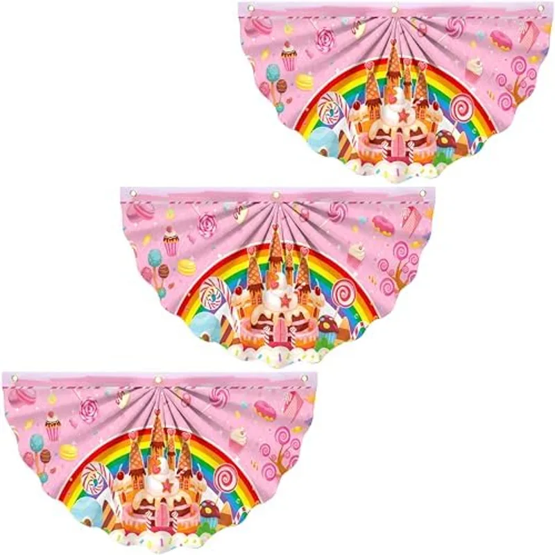 Outus 3 Pcs Sweet Candy-land Pleated Bunting Fan Flag 1.5 X 3 Ft Lollipop Sweetest Candy Theme Half Fan Flag Ice Cream Castle Rainbow Banner For Birthday Party Supplies Garden Home Wall Decoration