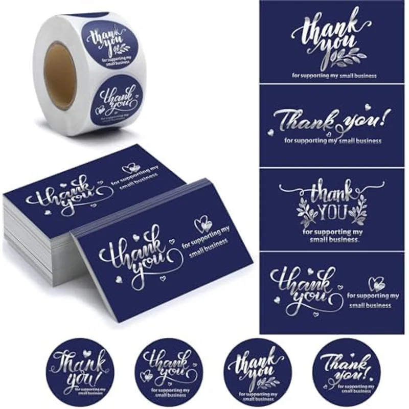 600 Pcs Thank You for Supporting My Small Business Cards and Stickers, Blue