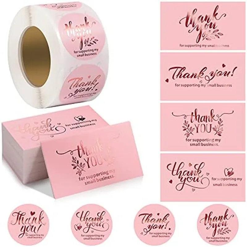 600 Pcs Thank You for Supporting My Small Business Cards and Stickers, Pink