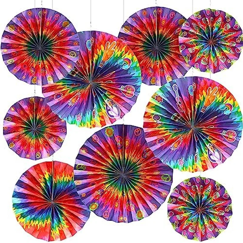 Outus 9 Pcs Tie Dye Party Supplies Groovy Hippie Hanging Paper Fans, Multi Color