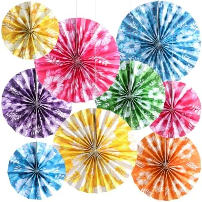 Outus 9 Pcs Tropical Hibiscus Paper Fans Hawaiian Party Decorations, Hawaiian Hibiscus