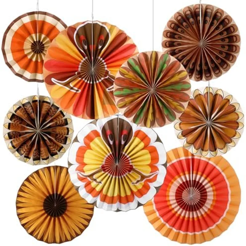 Outus 9 Pcs Turkey Paper Fans Hanging Thanksgiving Fall Autumn Party Decor