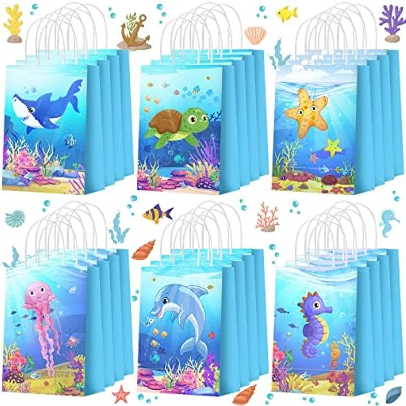Outus 24 Pcs Under The Sea Party Favor Ocean Paper Bags with Handles