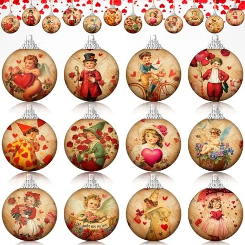Outus 24 Pcs Valentine's Day Tree Ornaments Ball Vintage Happy Valentine's Day Decorations for Tree Red and Pink Love Kisses Xoxo Pattern Hanging Ornaments Home Farmhouse Holiday Fireplace Party Decor, Retro Valentine
