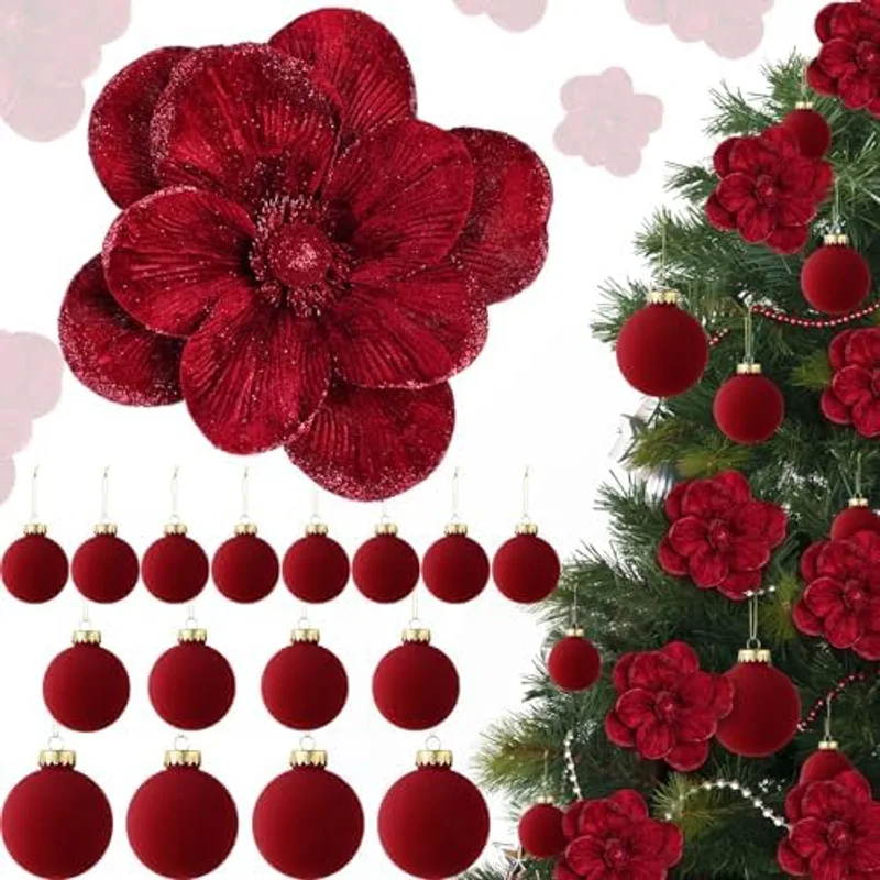 Outus 24 Pcs Velvet Christmas Tree Decorations Set with 8pcs Poinsettias Artificial Glitter Magnolia Flower with Stem, 16pcs Christmas Ball Ornaments for Xmas Holiday Party Wedding Decor(Burgundy)