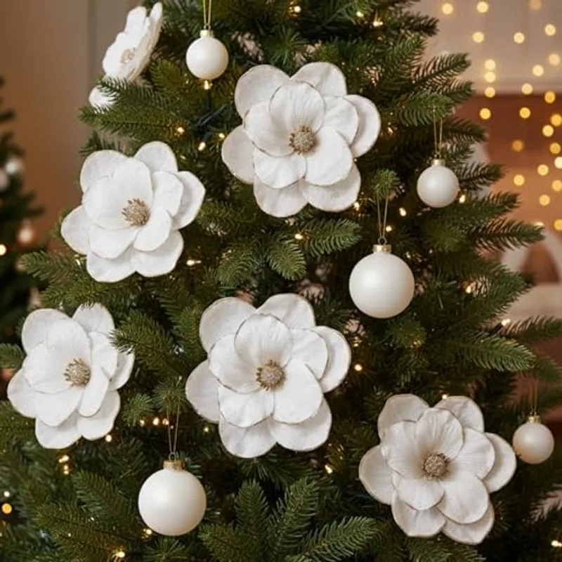 Outus 24 Pcs Velvet Christmas Tree Decorations Set with 8pcs Poinsettias Artificial Glitter Magnolia Flower with Stem, 16pcs Christmas Ball Ornaments for Xmas Holiday Party Wedding Decor(White)