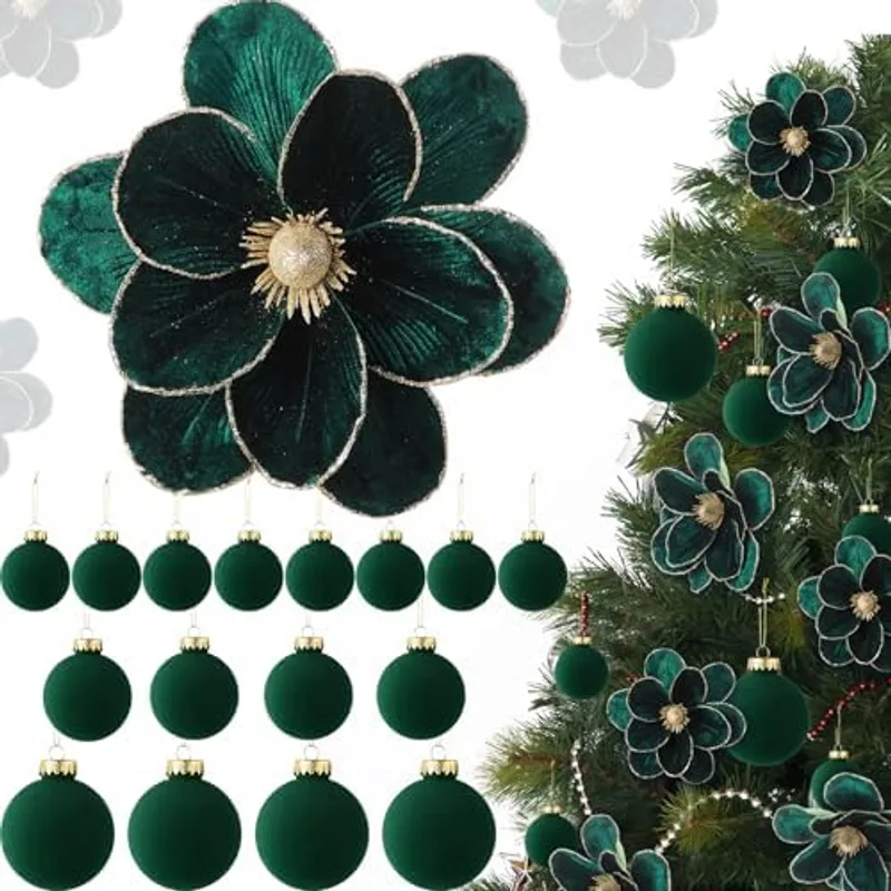 Outus 24 Pcs Velvet Christmas Tree Decorations Set with 8pcs Poinsettias Artificial Glitter Magnolia Flower with Stem, 16pcs Christmas Ball Ornaments for Xmas Holiday Party Wedding Decor(Green)