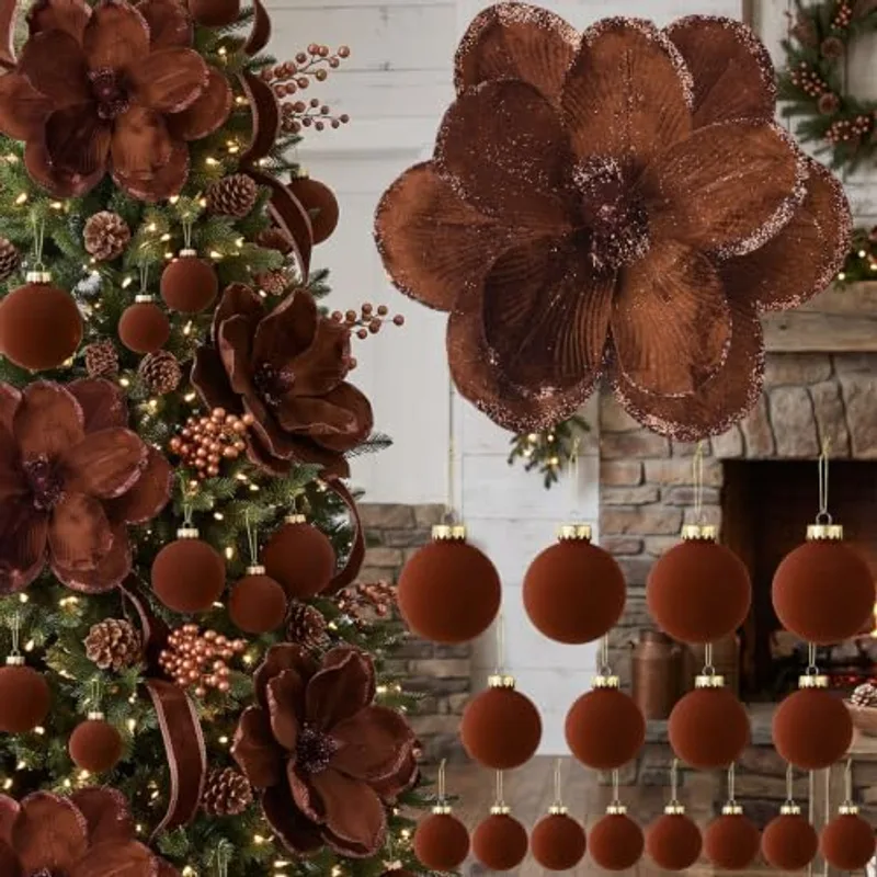 Outus 24 Pcs Velvet Christmas Tree Decorations Set with 8pcs Poinsettias Artificial Glitter Magnolia Flower with Stem, 16pcs Christmas Ball Ornaments for Xmas Holiday Party Wedding Decor (Brown)