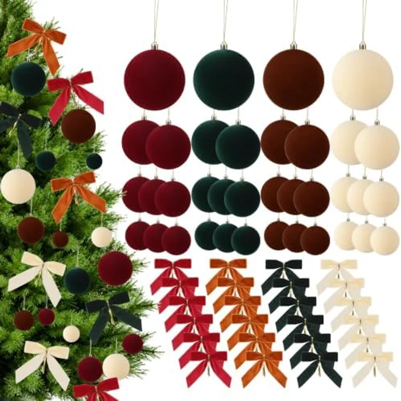 60 Pcs Velvet Christmas Tree Ornament Balls with Ribbon Bow, Vintage