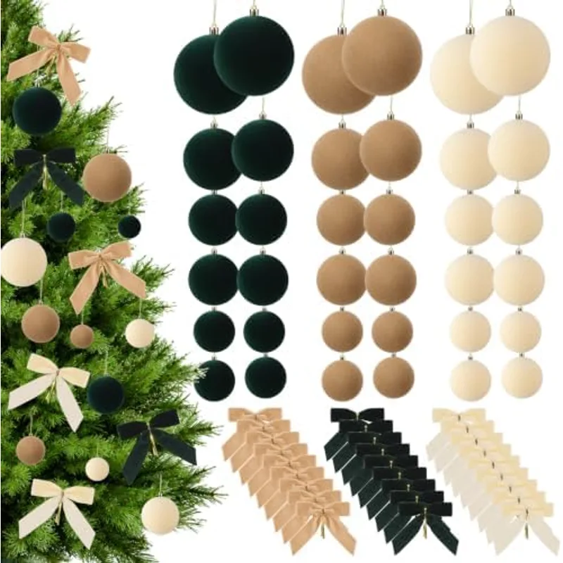 60 Pcs Velvet Christmas Tree Ornament Balls with Ribbon Bow, Warm Neutrals