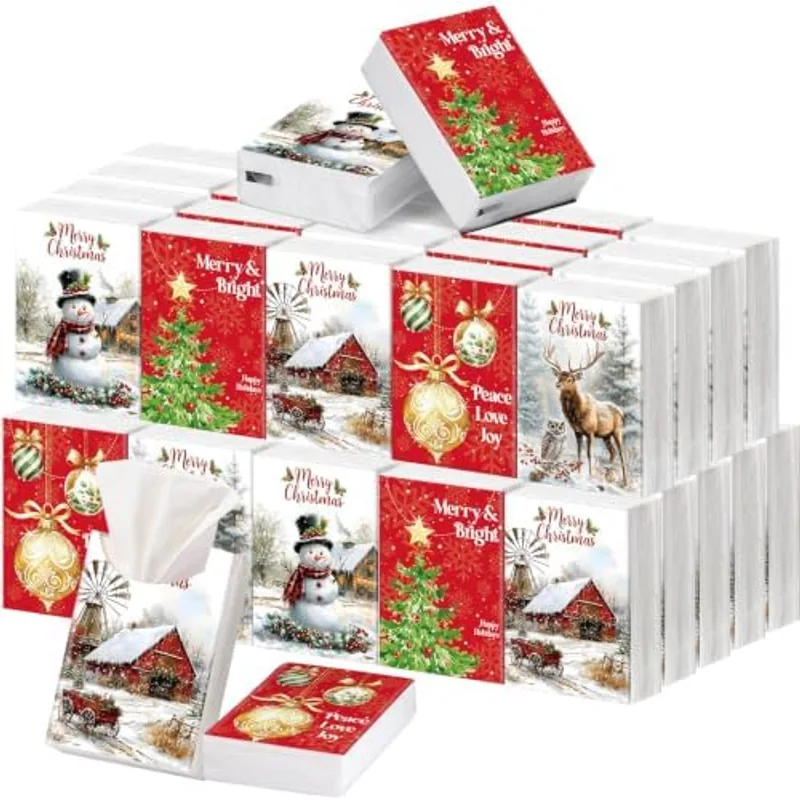 Outus 50 Pack Vintage Christmas Travel Size Pocket Tissues Stocking Stuffer, Red