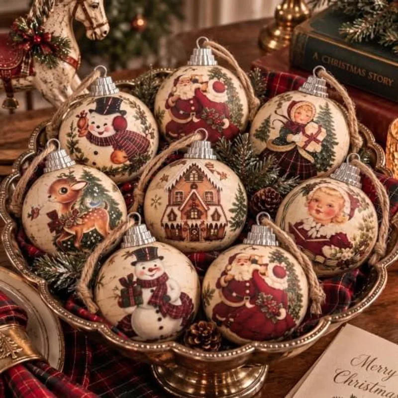Outus 16pcs Vintage Christmas Tree Ornaments Ball, Burgundy Christmas Decor, Retro Santa Claus