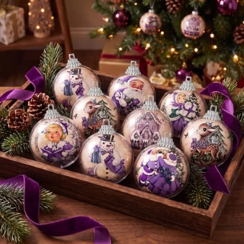 Outus 16 Pcs Vintage Christmas Tree Ornaments Victorian Purple Plastic Ball, Purple Christmas