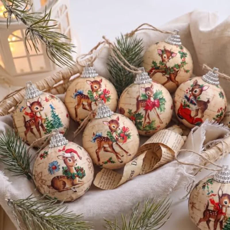 Outus 16 Pcs Vintage Reindeer Christmas Tree Ball Ornaments, Retro Christmas Decorations for Farmhouse Xmas Tree, Hanging Elk Ornaments for Home Fireplace Holiday Party Decor, Retro Reindeer