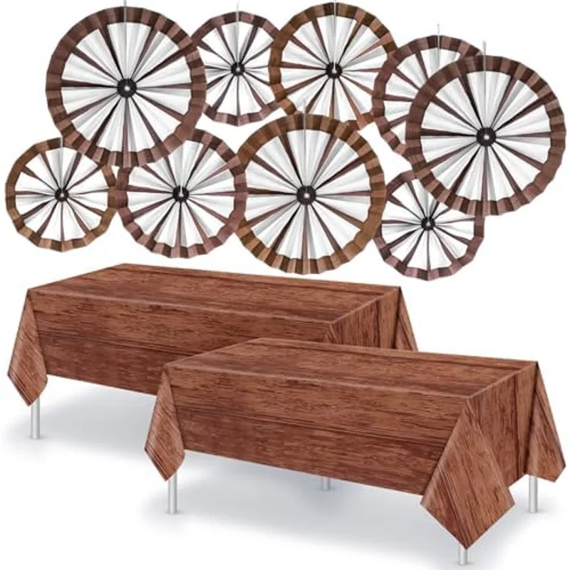 Outus Western Cowboy Party Decorations 9 Pcs Wagon Wheel Decorations Paper Fans and 2 Pcs Brown Wood Grain Tablecloths Country Western Party Decor for Wild West Cowboy Wedding Classroom