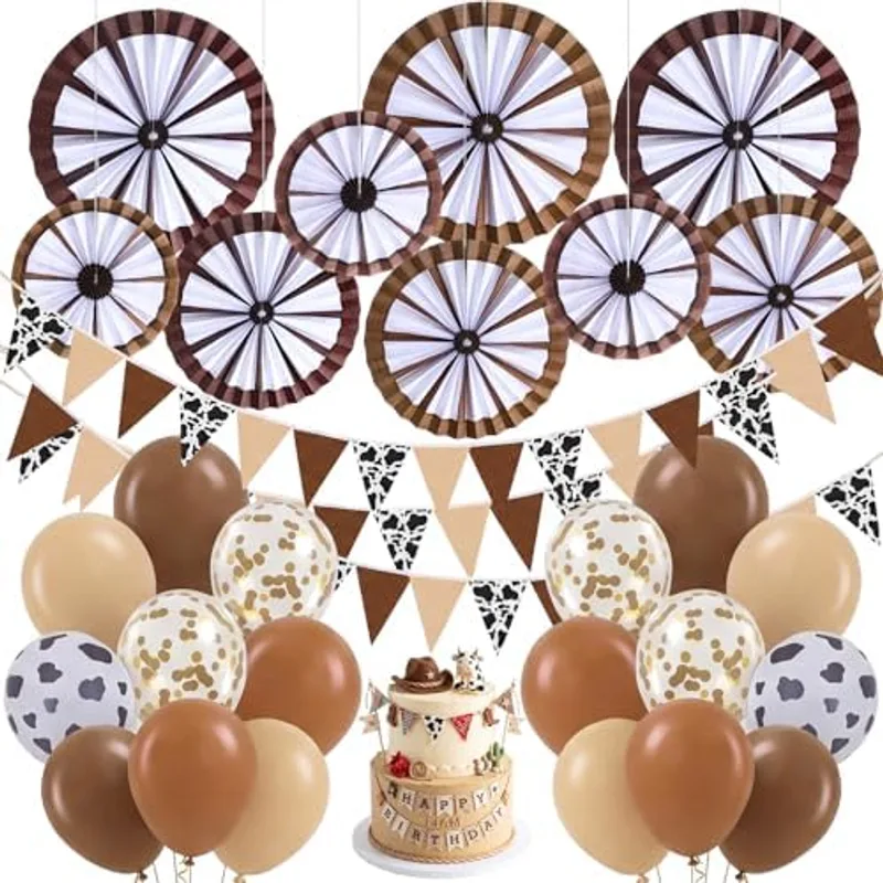 Outus Western Cowboy Party Decorations include 32Ft Western Triangle Flag Fabric Pennant Banner, 50 Cowboy Latex Balloons, 9 Wagon Wheel Paper Fans for West Themed Rodeo Farm Birthday Party Decor, Mixed