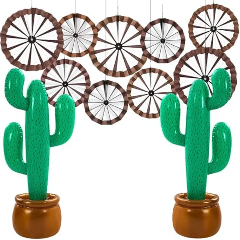 Outus 11 Pcs Western Cowboy Party Decorations Wagon Wheels Paper Fans, Multicolor