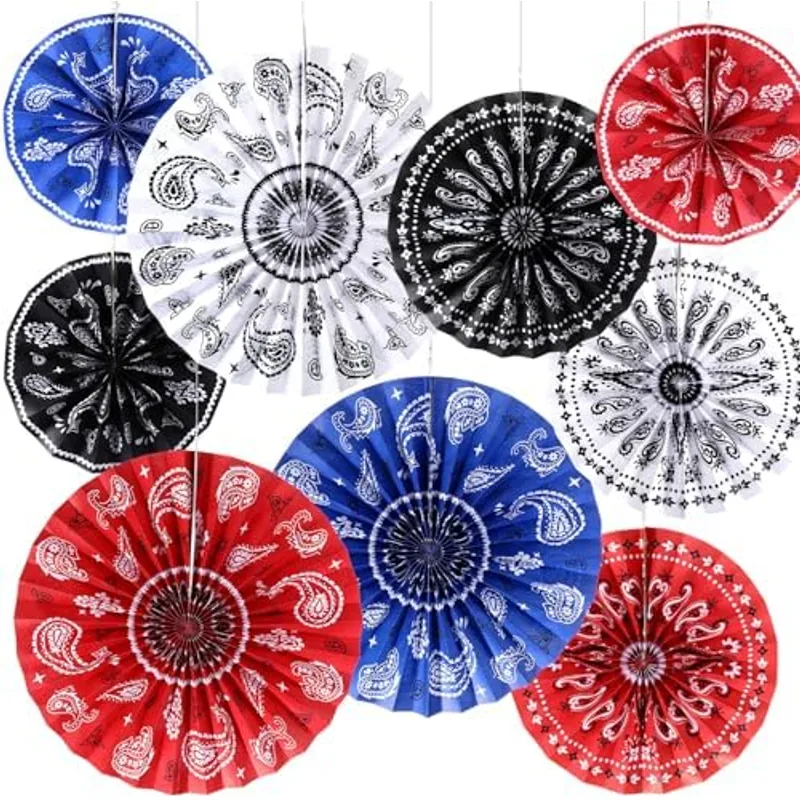 Outus Western Party Decorations Bandana Hanging Paper Fans, 9 Pcs, Red/Blue/White/Black