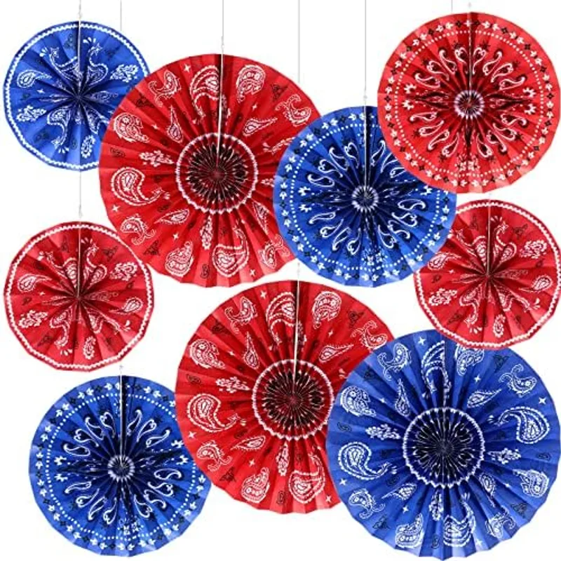 Outus Western Party Decorations Bandana Hanging Paper Fans, 9 Pcs, Red/Blue