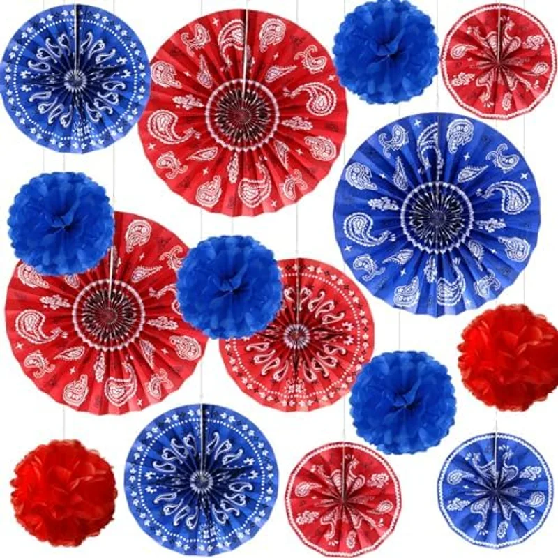 Outus 21 Pcs Western Party Decorations Paper Fans Tissue Pom Poms, Blue, Red