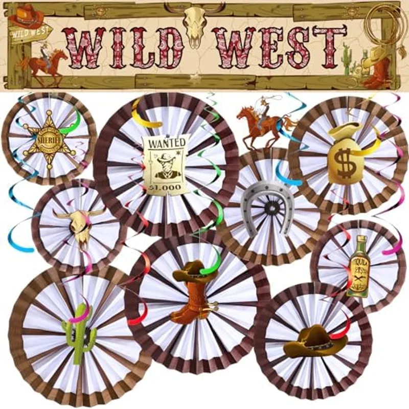 Outus 30 Pcs Western Party Decorations Wagon Wheels Decor Paper Fans Cowboy Party Hanging Swirls Wild West Banner for Western Cowboy Themed Birthday Rodeo Supplies Country Wedding Hanging Decor, white and brown