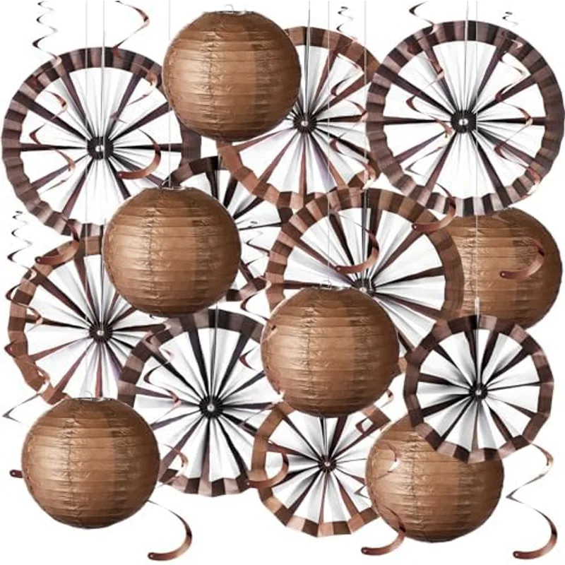 Outus 25 Pcs Western Party Decorations Western Paper Fans Paper Lanterns Foil Hanging Swirls Wild West Country Classroom Decor for VBS Rodeo Cowboy Birthday Wedding Supplies(Brown,Wagon Wheel)
