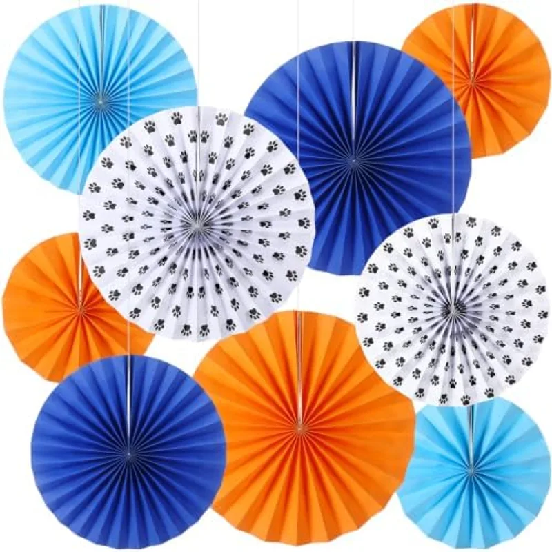 Outus 9 Pcs Western Party Hanging Paper Fans Birthday,Blue Orange