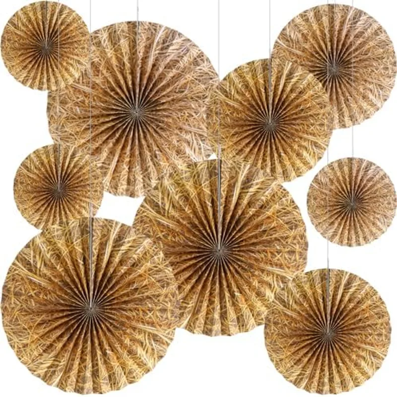 Outus 9 Pcs Western Party Hanging Paper Fans Birthday,Straw