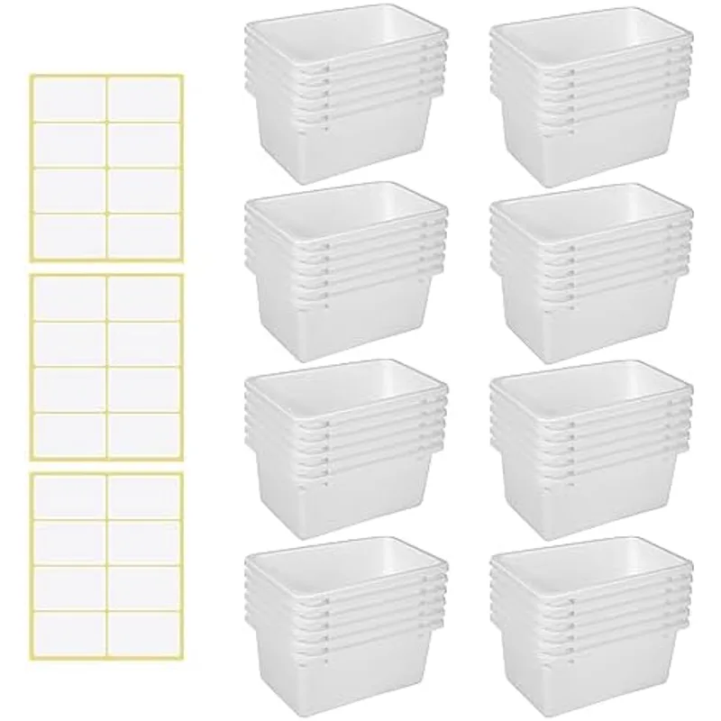 Outus 48 Pcs White Plastic Cubby Bins Bulk for Classroom Organization Small Stackable Book Bins Toy Storage Organizer Tubs Box Container with 120 Self Adhesive Label for Library School Office Home