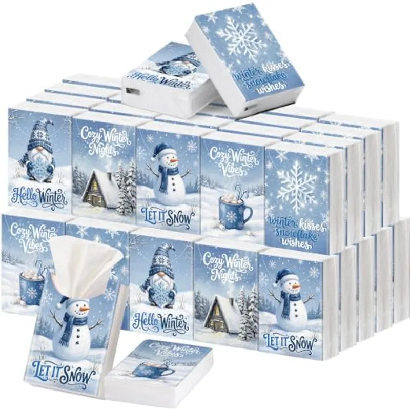 Outus 50 Pack Winter Christmas Travle Size Pocket Tissues Stocking Stuffers, Blue