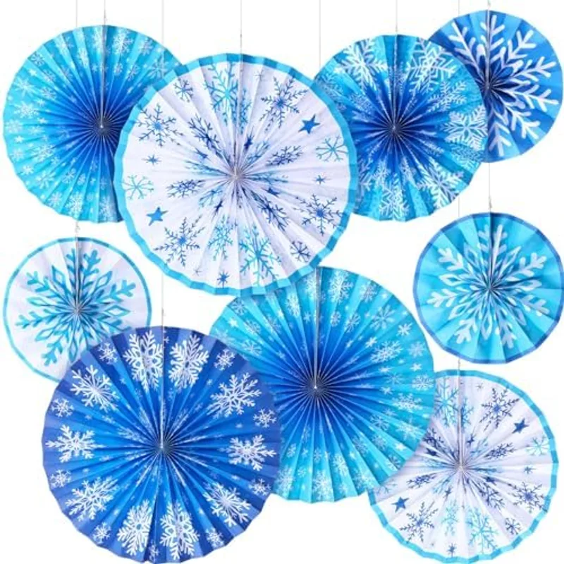 Outus Winter Hanging Party Decorations Snowflake Paper Fans, Blue
