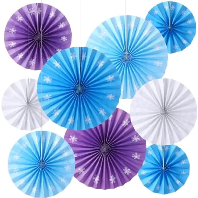 Outus 9 Pcs Winter Hanging Party Decorations Snowflake Paper Fans, Purple