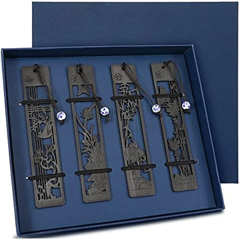 Outus 4 Pieces Wooden Bookmarks Cut Out with Tassel,Hollow Style, Classic Style
