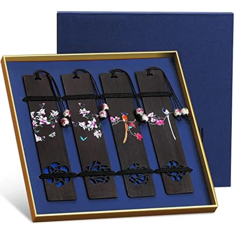 Outus 4 Pieces Wooden Bookmarks Cut Out with Tassel,Vivid Style