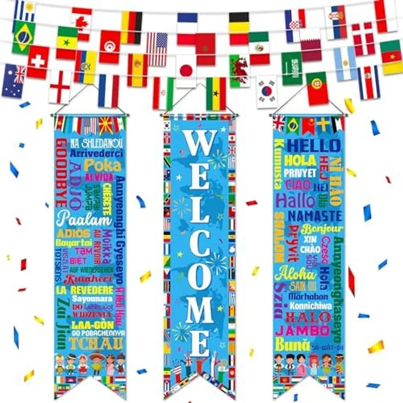 Outus 3 Pcs World Flags Banner International Welcome Classroom Banner 33 ft